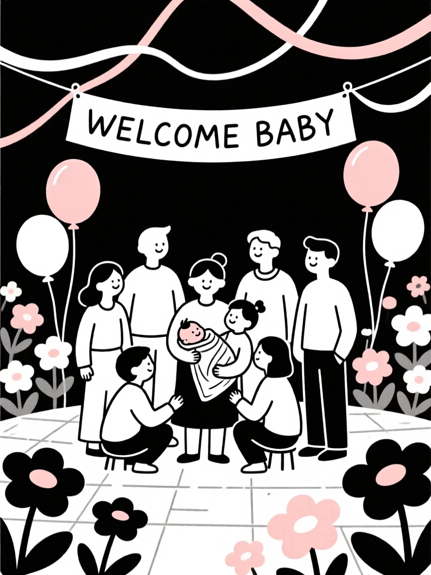 A joyful baby shower taking place in a flower-filled courtyard, decorated with balloons and streamers, full of heartfelt gratitude.