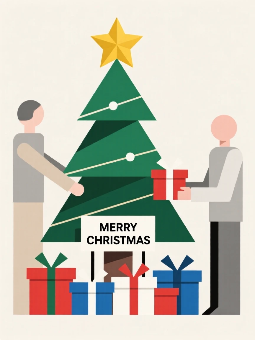 A festive gift exchange around a decorated tree