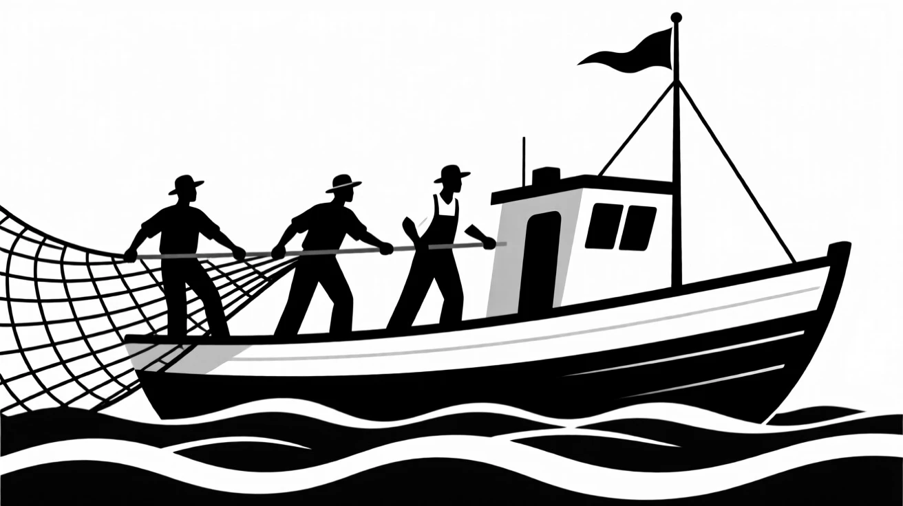 A fishing boat crew hauling in a net at sea.