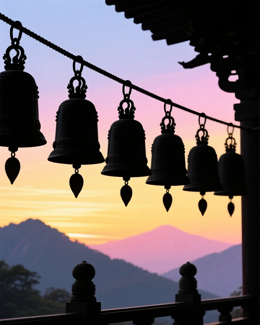 A row of ornate temple bells hanging in a quiet mountain courtyard.