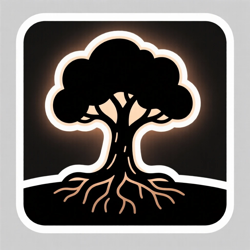 A warmly encouraging scene of a tree standing strong with roots visibly anchoring it deep, glowing softly against a dark background, symbolizing quiet strength and resilience.