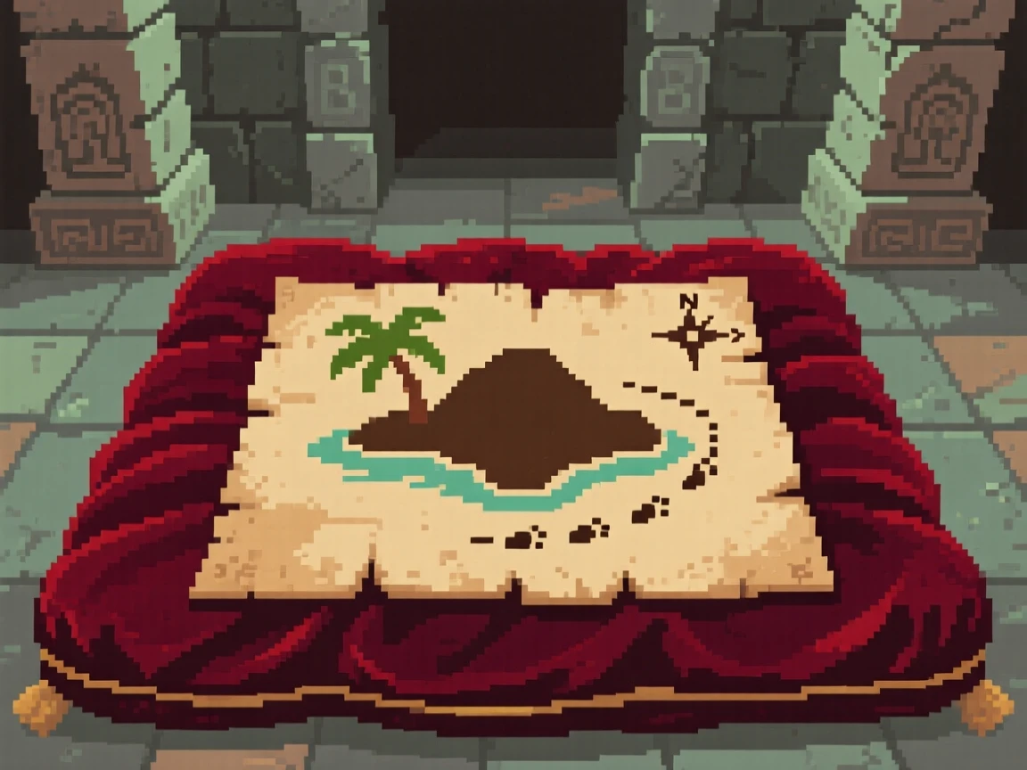A map leading to a hidden island displayed on a velvet cushion, inside a forgotten temple chamber.