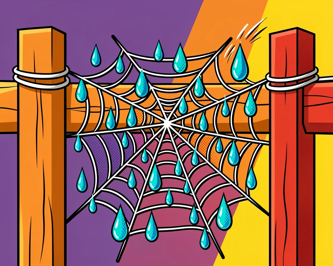 A close-up of raindrops clinging to a spiderweb strung between fence posts