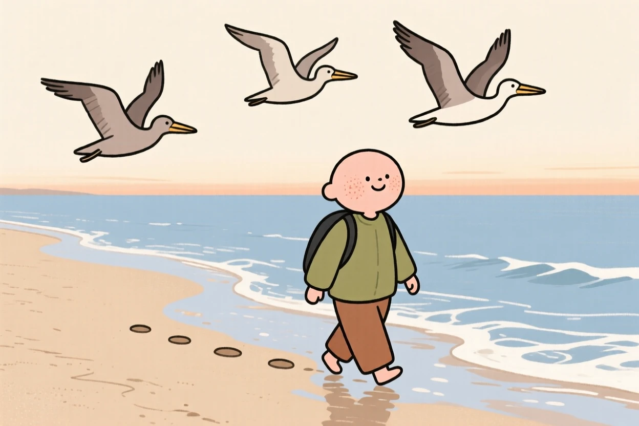 Waves roll gently onto a quiet sandy beach where a lone traveler walk along the shoreline, leaving footprints in the wet sand as pelicans glide overhead.