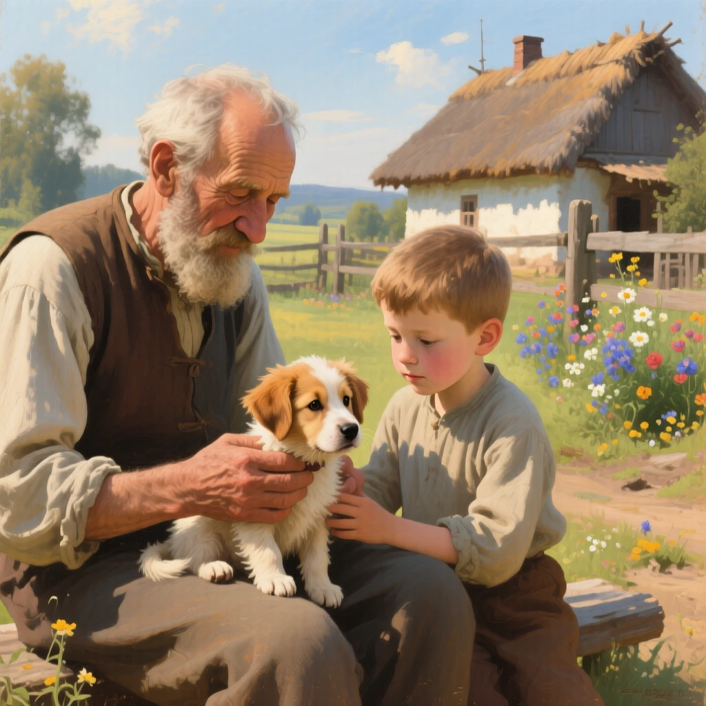 A close-up portrait of a grandfather teaching his grandson to care for a new puppy, at midday, in rural Poland.