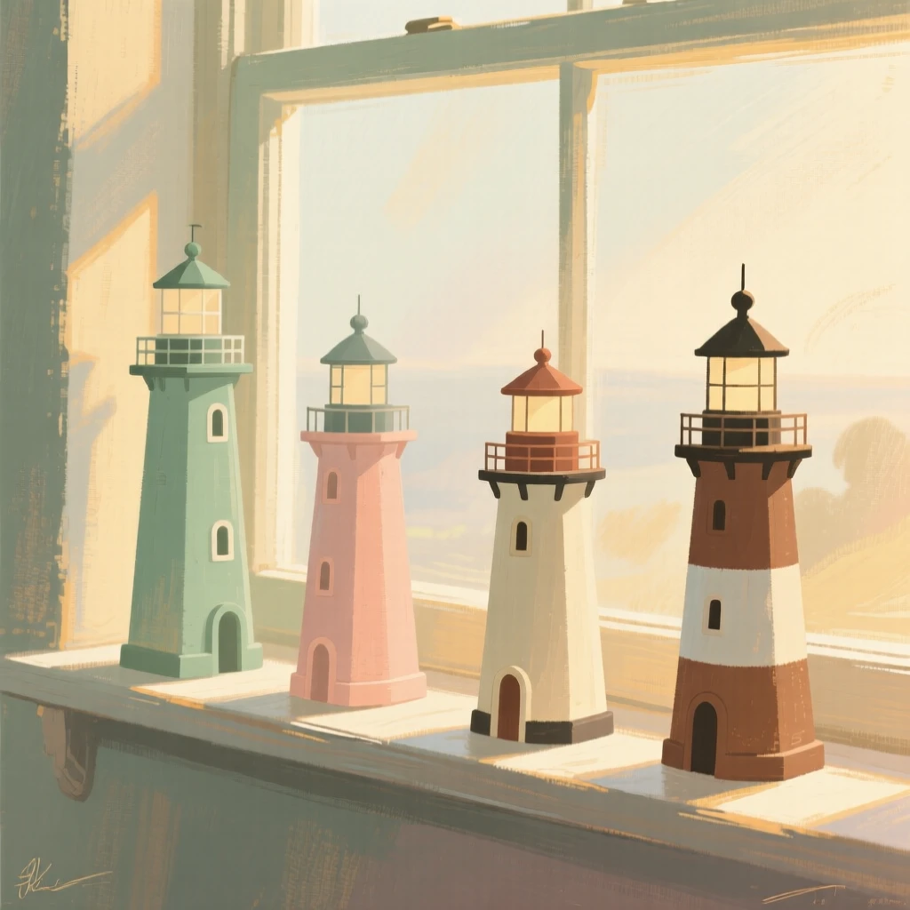 A set of miniature lighthouses arranged on a windowsill