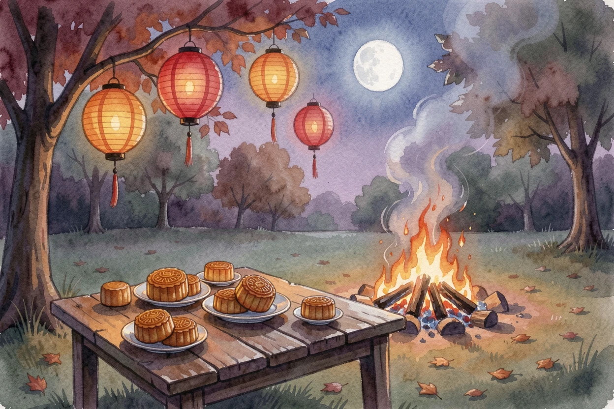 A Mid-Autumn Festival gathering with mooncakes and lanterns with a crackling fire nearby.