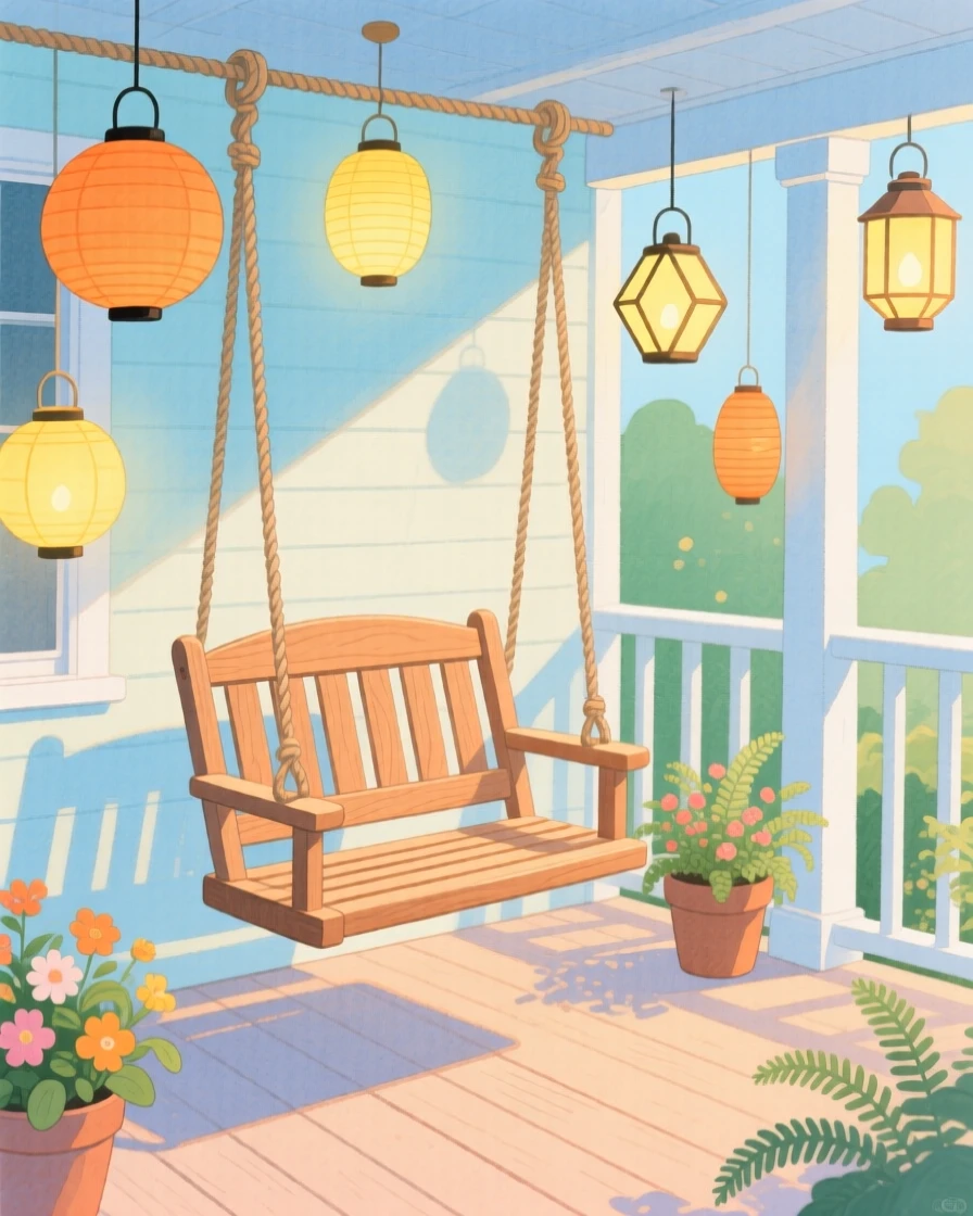 A peaceful view of a porch swing surrounded by hanging lanterns.