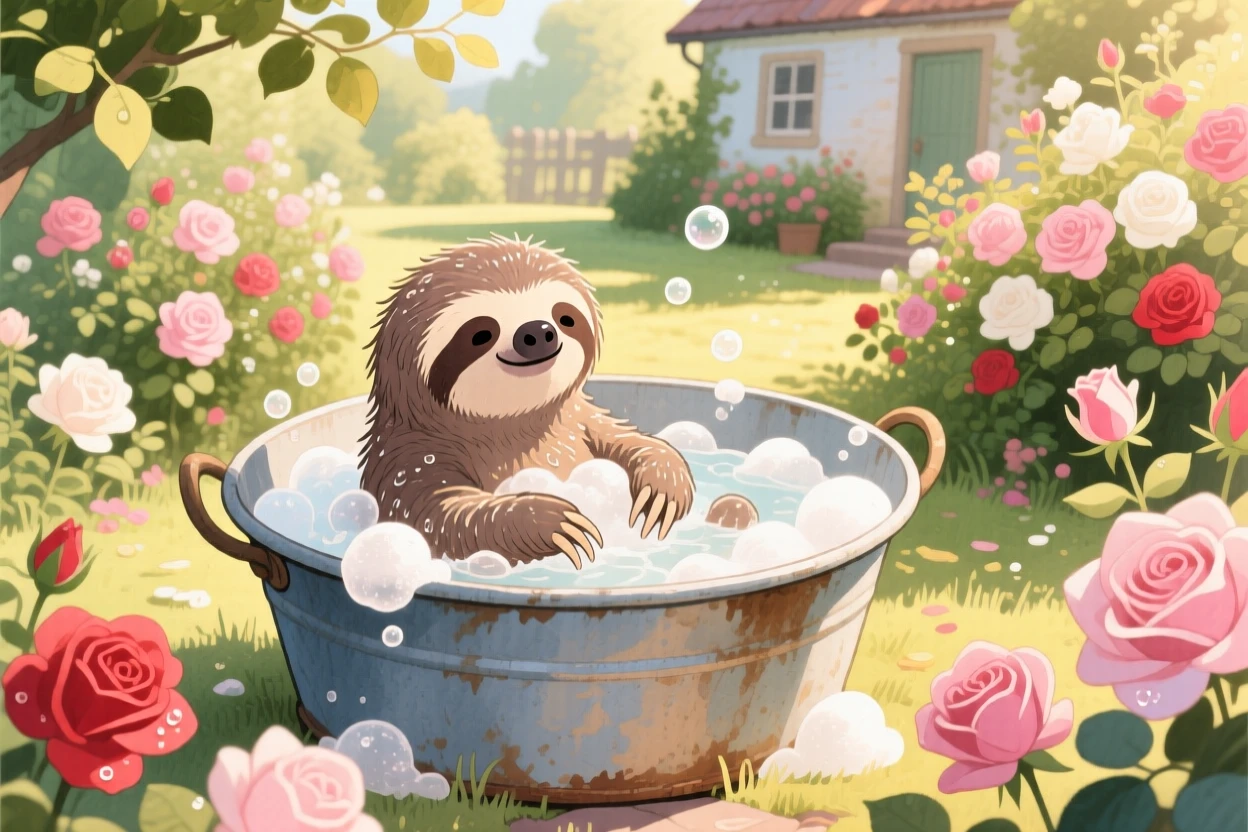 A baby sloth getting a gentle bath in a tin tub full of bubbles, set in a sunny cottage garden overflowing with roses, sparking a feeling of tender nostalgia.