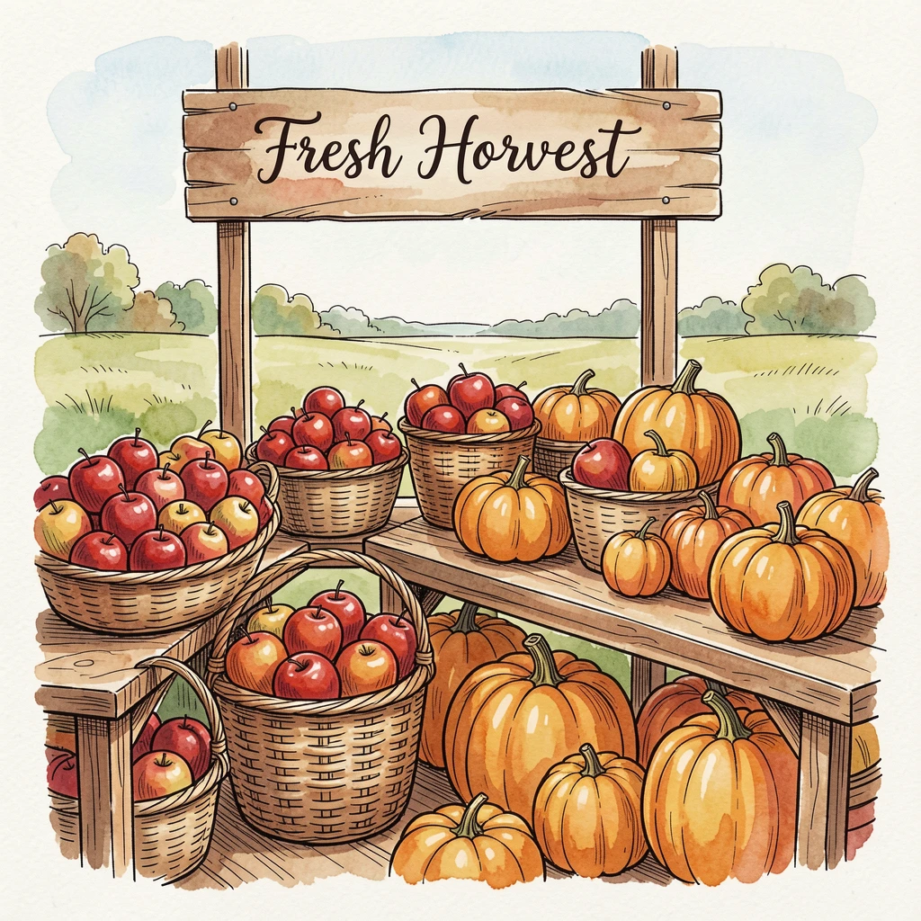 A harvest scene with baskets of apples and pumpkins at a farm stand, a festive warmth filling the entire scene.