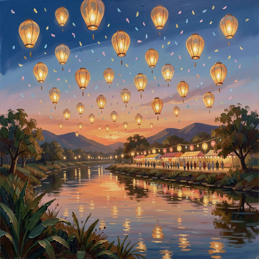 A lantern festival filling the night sky with floating light, beside a river reflecting the glow of floating lanterns, confetti drifting through the air, as the sun sets behind the festival grounds.