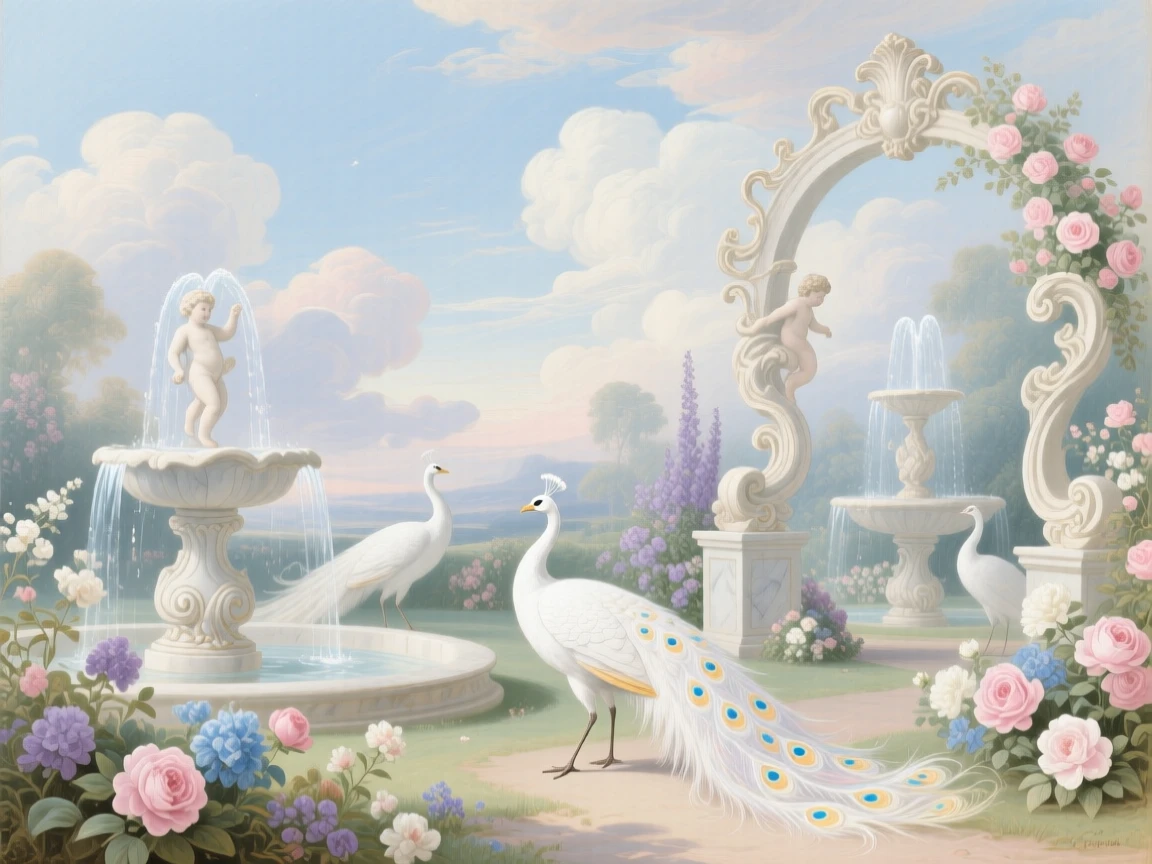 A cloud garden filled with white peacocks and marble fountains  