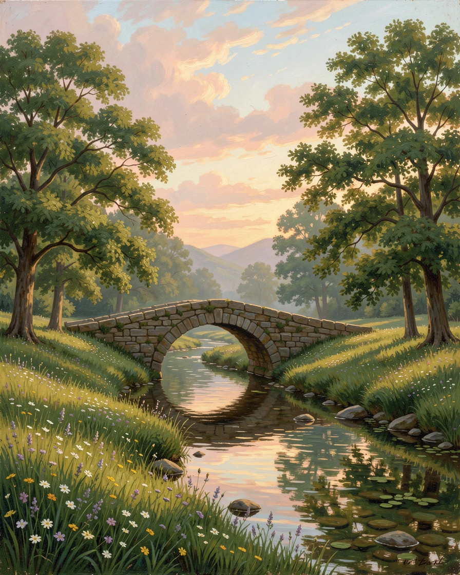 An old stone bridge arches over a quiet stream winding through a green meadow.