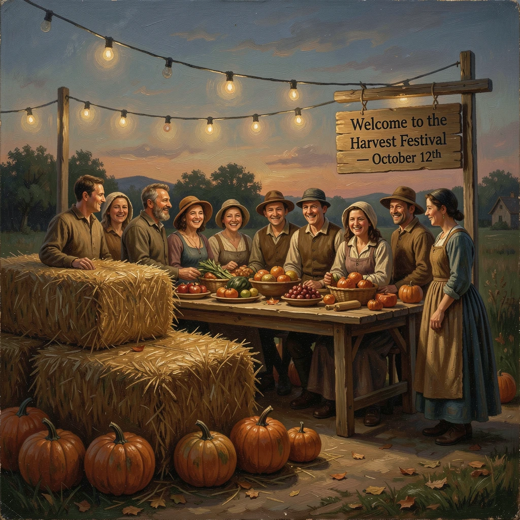 A harvest festival with hay bales, pumpkins, and glowing string lights, as joyful expressions capture the spirit of the celebration, capturing the warmth, joy, and magic of the season