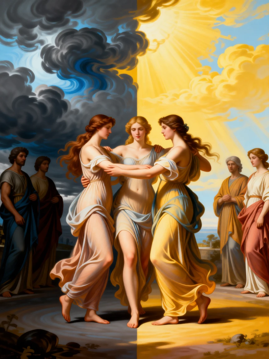 The three graces dancing in a circle of eternal harmony as light and shadow embody opposing truths, set beneath a sky divided between storm and radiant light, with allegorical attendants representing virtues gathered nearby; contrasting light and shadow divide the canvas into meaningful halves, capturing the eternal struggle between light and shadow.