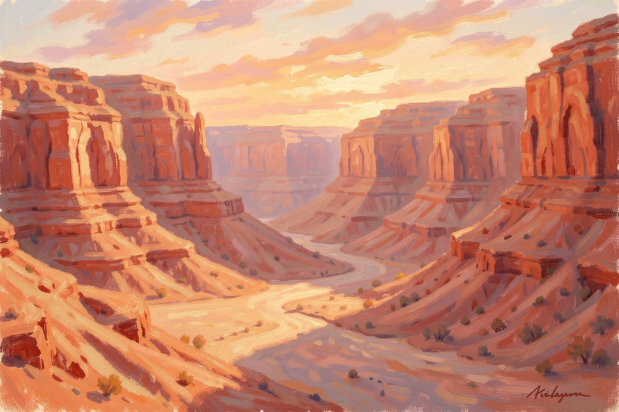 A desert canyon at sunset, layered red rock formations glowing amber and rose as long shadows stretch across the sand, under a glowing sunset sky.
