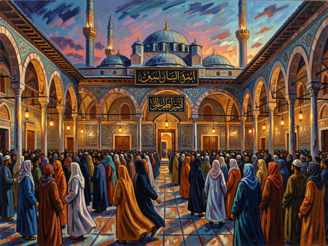 A grand mosque courtyard filled with worshippers during evening prayer in Istanbul.