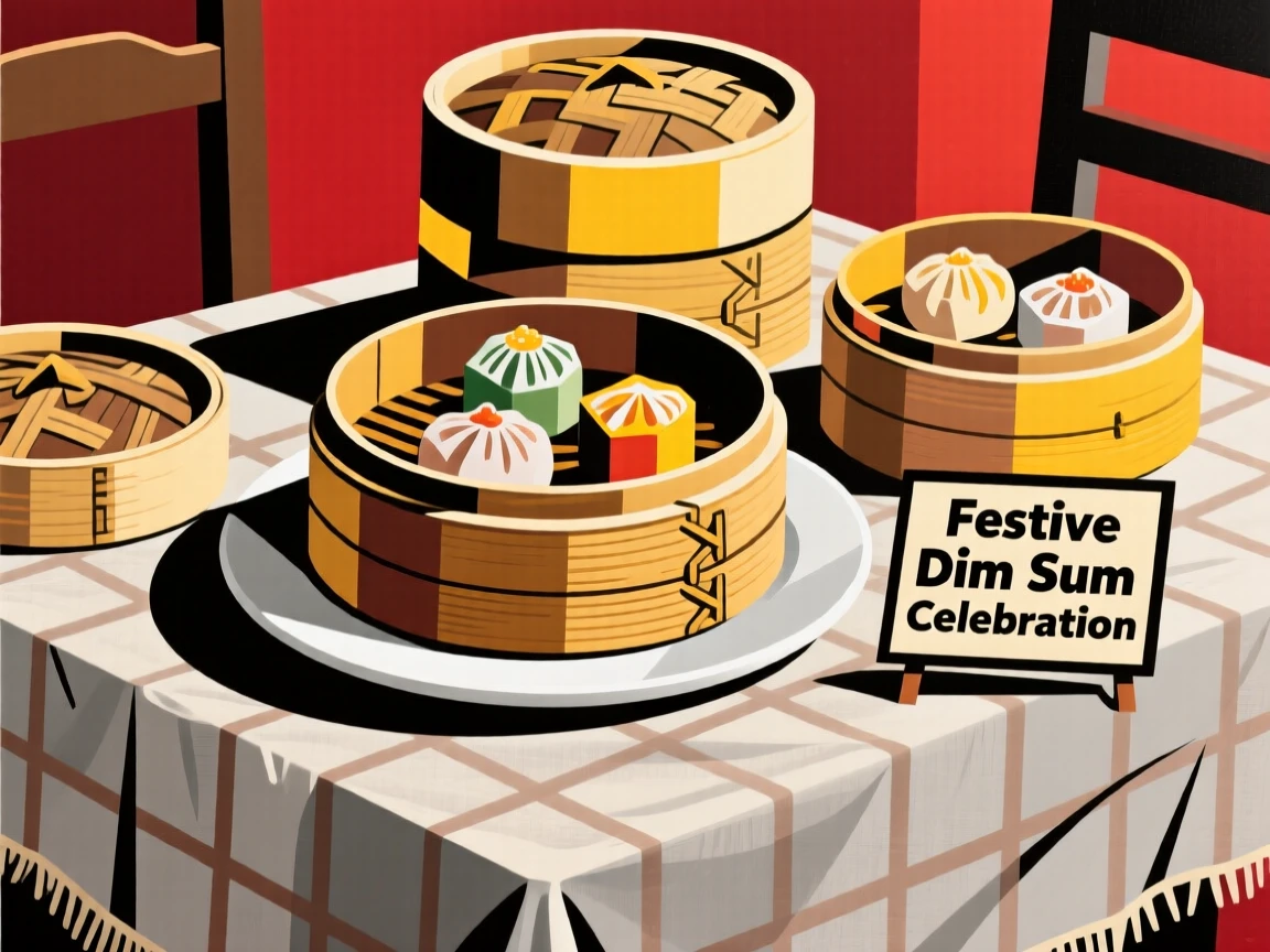 A mouthwatering image of a plate of dim sum in bamboo steamers set on a linen tablecloth for a festive gathering.