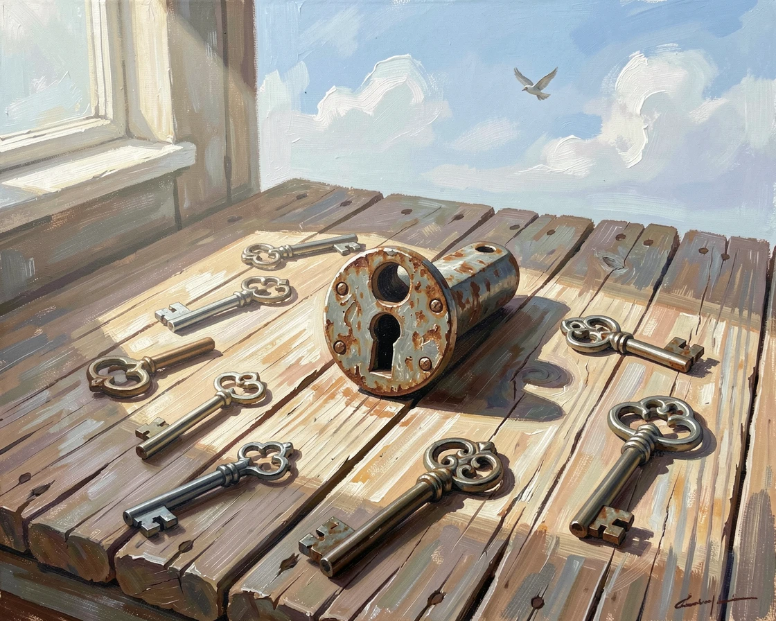 A collection of antique keys and a weathered skeleton lock sit scattered across an old wooden door plank in soft window light, the silence broken only occasionally by the call of a bird crossing the open sky.
