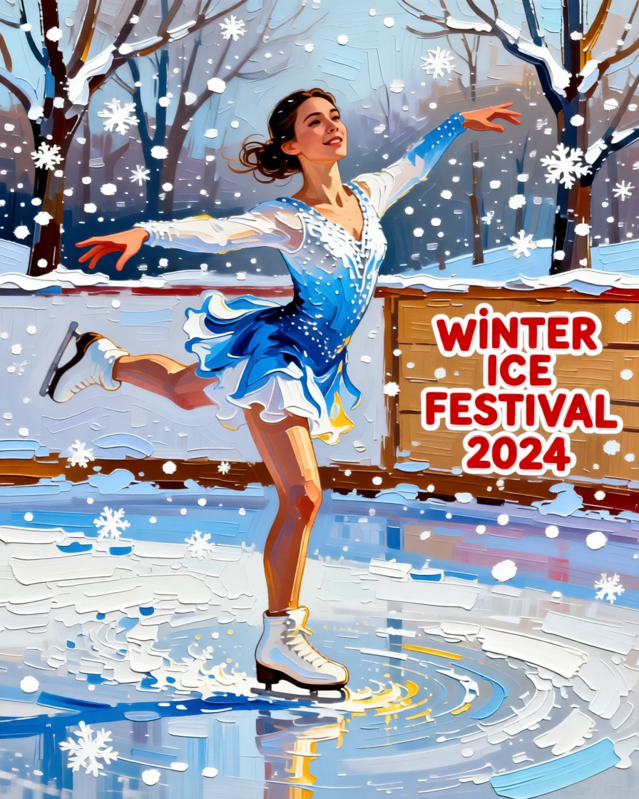 A figure skater captured mid-spin on an outdoor ice rink surrounded by falling snow