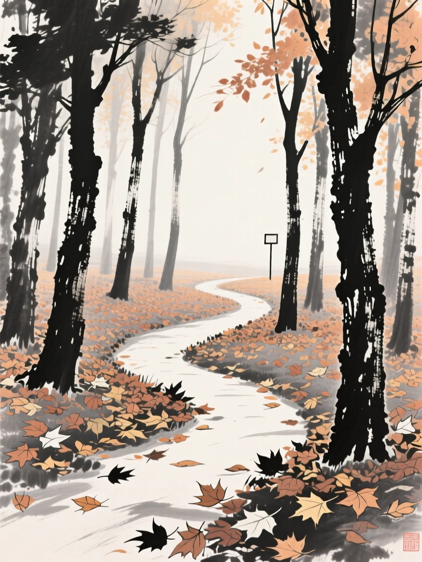 A quiet path winds through a forest carpeted with fallen leaves, as the last warmth of the season lingers in the air.