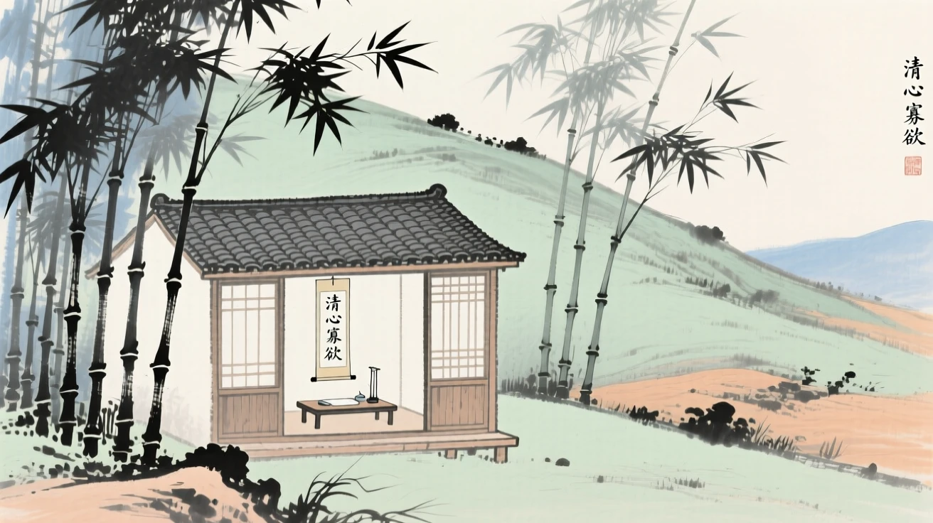 A scholar's studio nestled among bamboo on a quiet hillside, in the height of summer.
