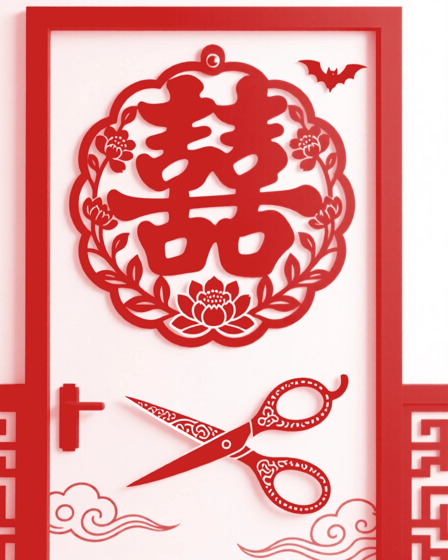 A pair of scissors and a red paper cutting of the character for double happiness pinned above a doorway