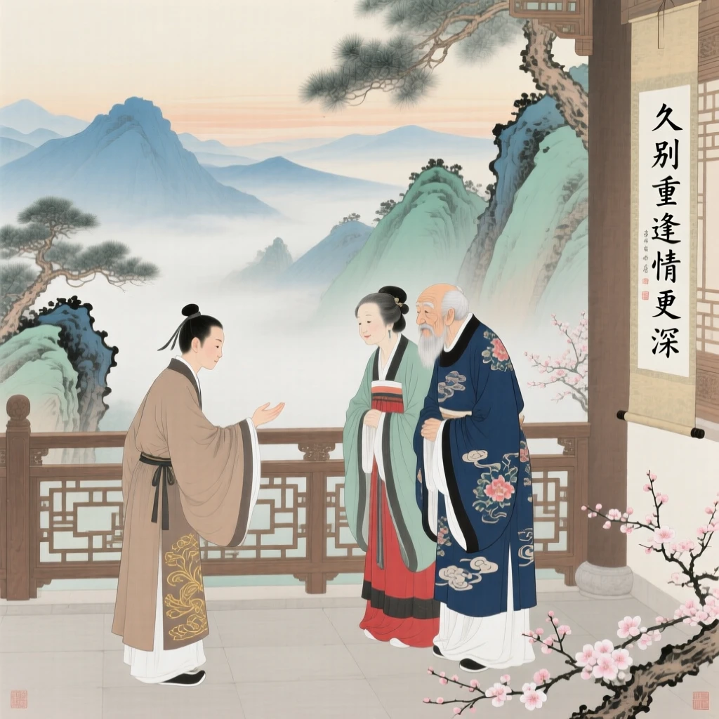 A young apprentice greeting old friends after years apart on a terrace overlooking misty mountains