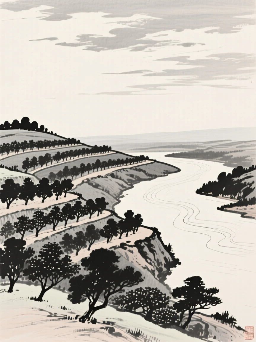 A stepped hillside orchard overlooking a quiet river bend under a wide open sky scattered with drifting clouds, composed with wide open space above to emphasize the scale of the sky, evoking a deep sense of solitude and quiet grandeur.