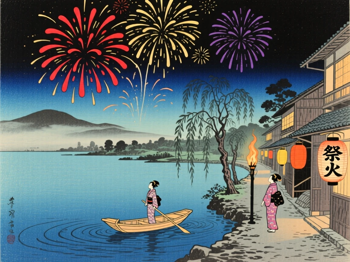 Fireworks over a calm lake moving slowly through a torch-lit street.
