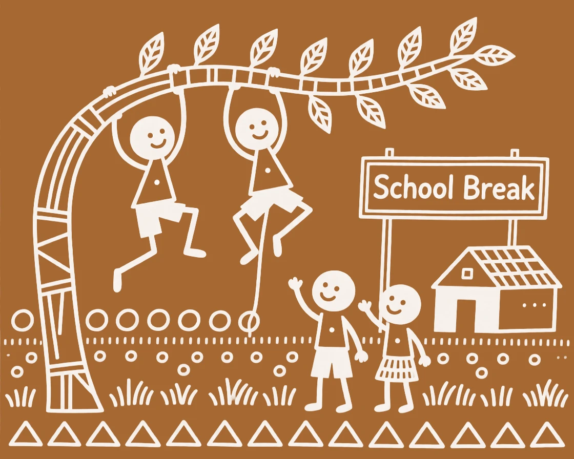 A group of children on a school break climbing a low tree branch for fun.
