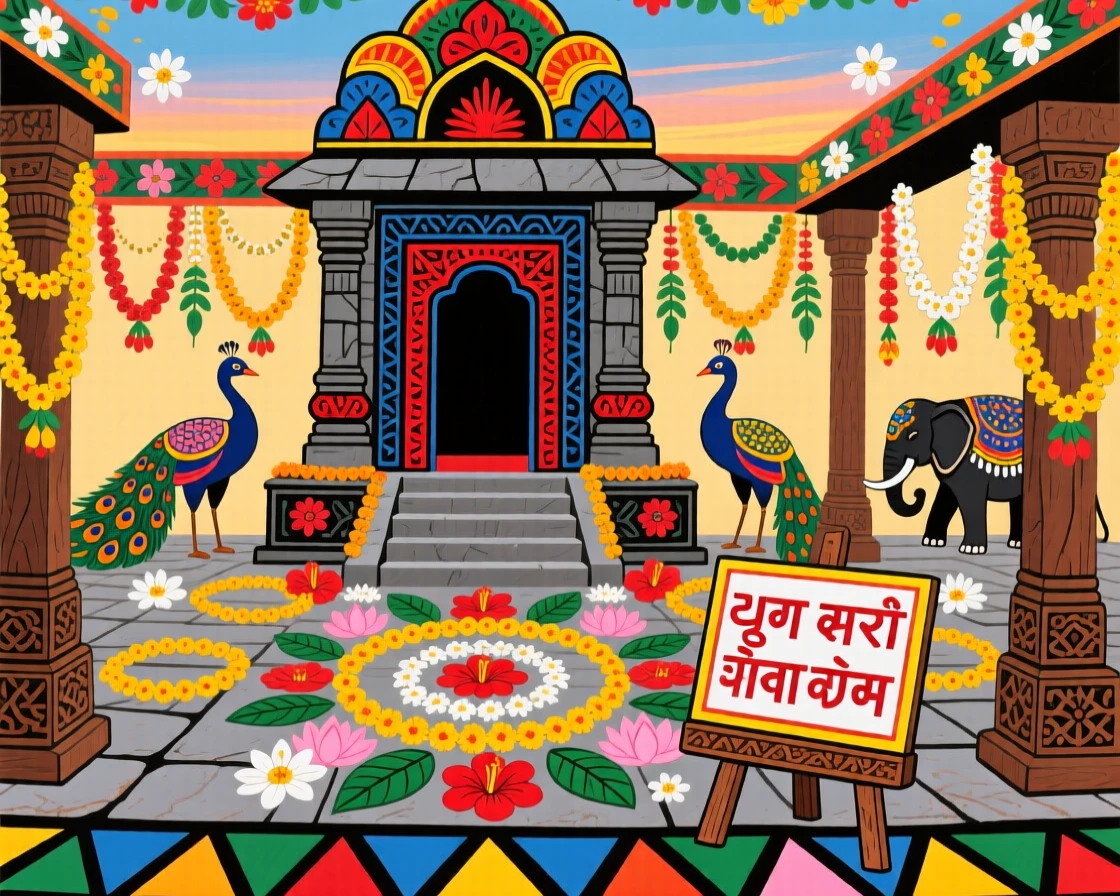 A temple courtyard filled with garlands prepared for a morning ceremony.