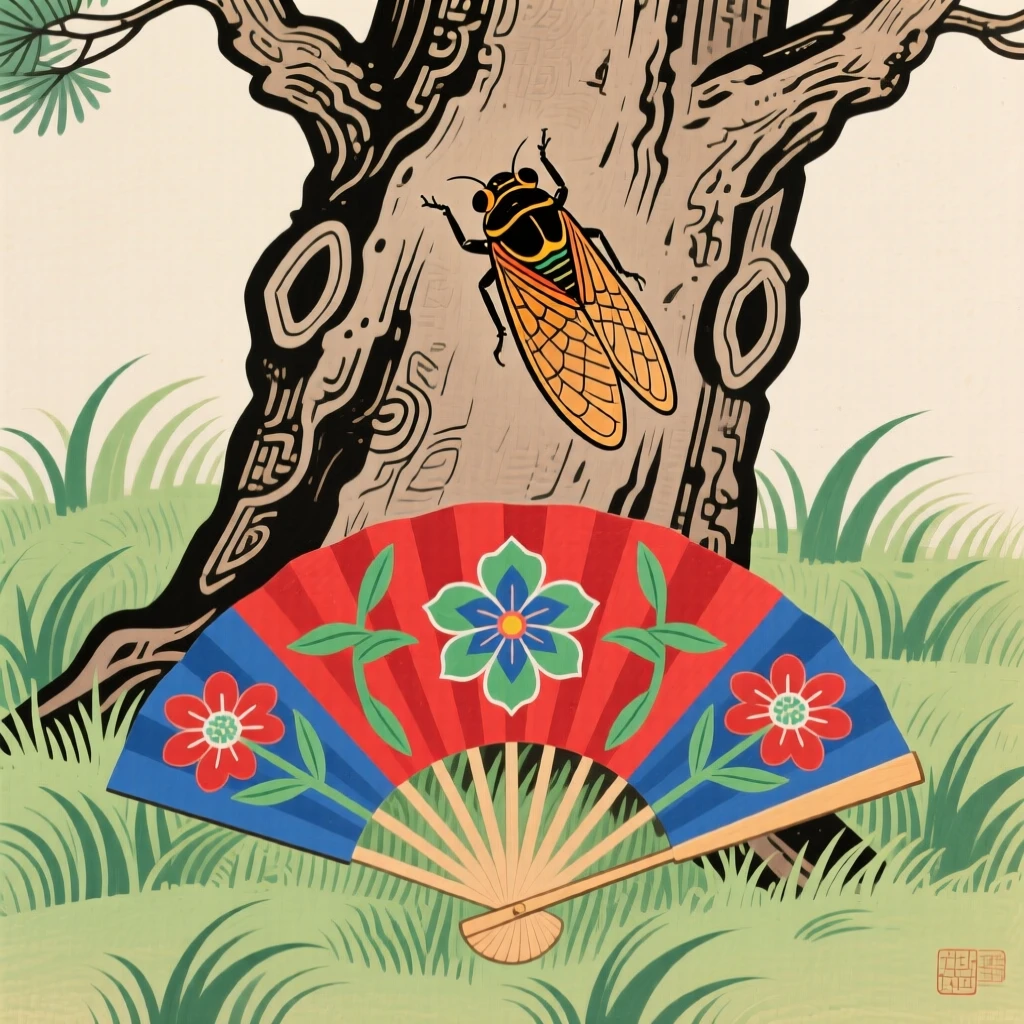 A cicada on a tree trunk resting on an open fan left in the grass.