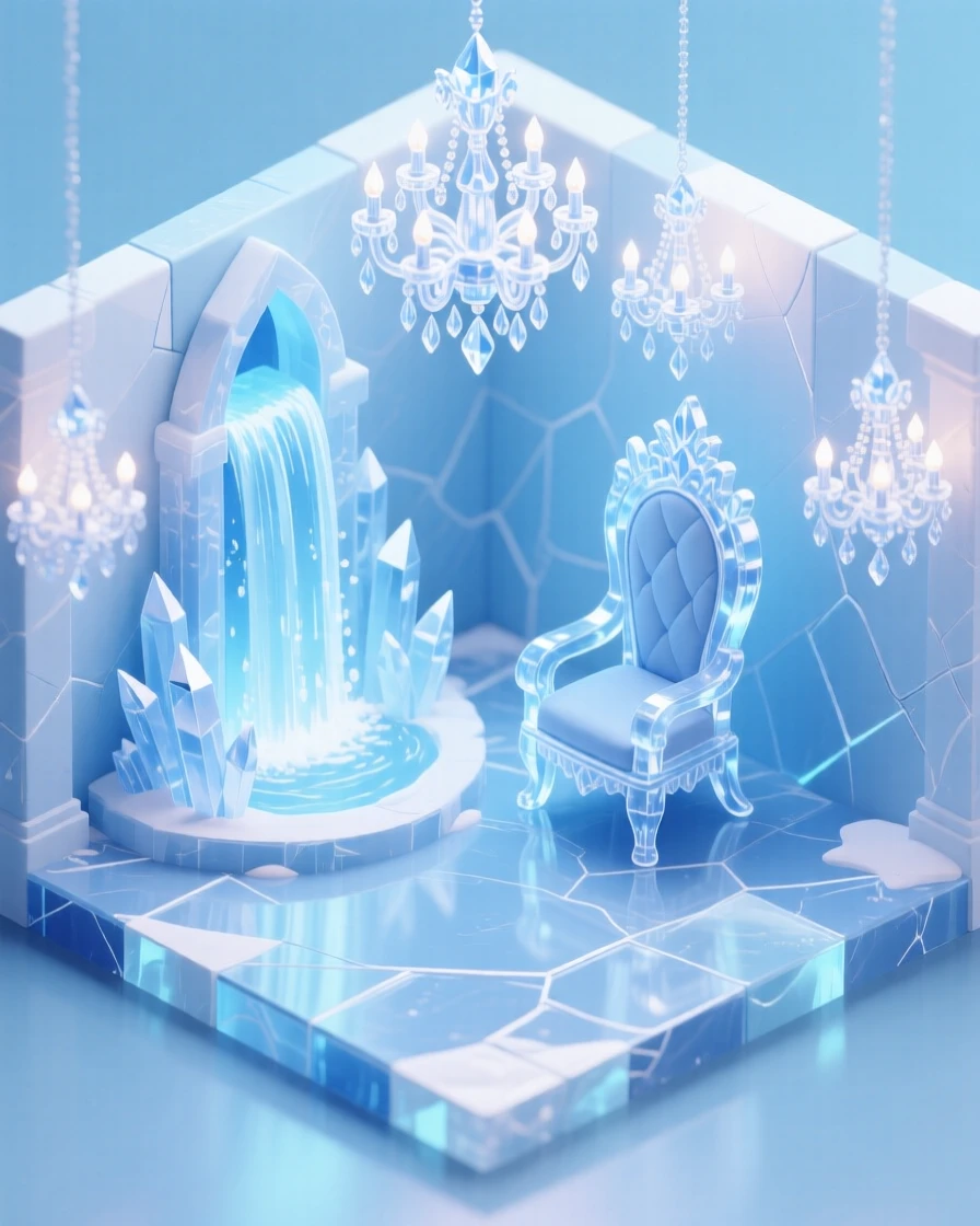 A snow queen's ice palace throne room, crystalline chandeliers glittering above a frozen waterfall centerpiece.