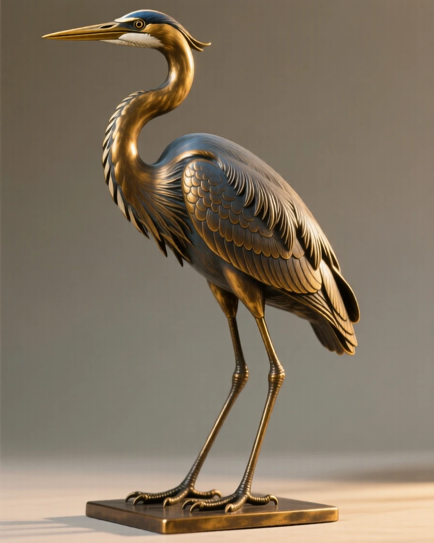 A great blue heron standing motionless in golden light, rendered with rich, dynamic energy, evoking wonder and majesty