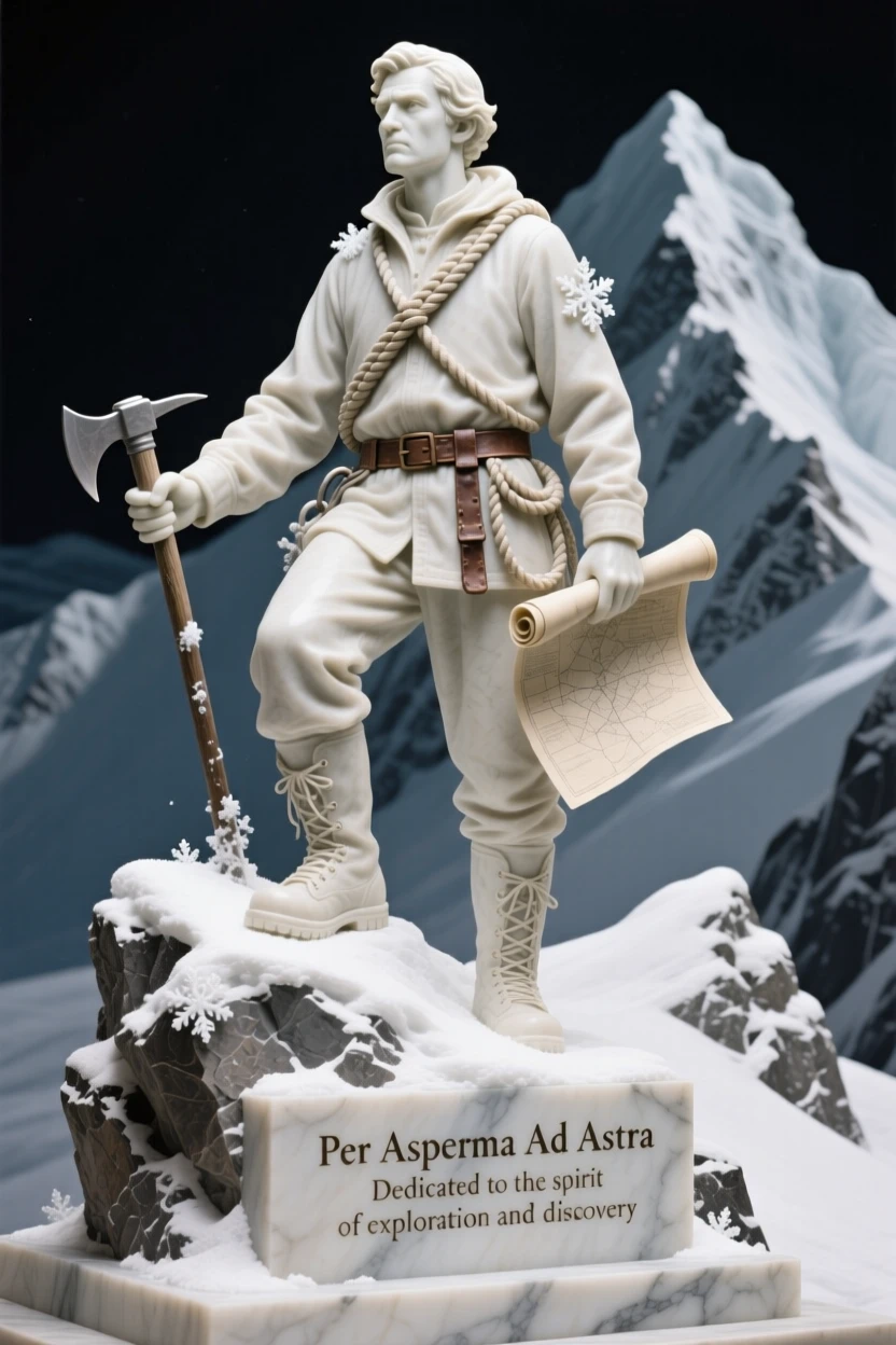 A beautifully composed image of a fearless explorer atop a snowy peak, in a moment of quiet stillness, full of atmosphere and visual storytelling