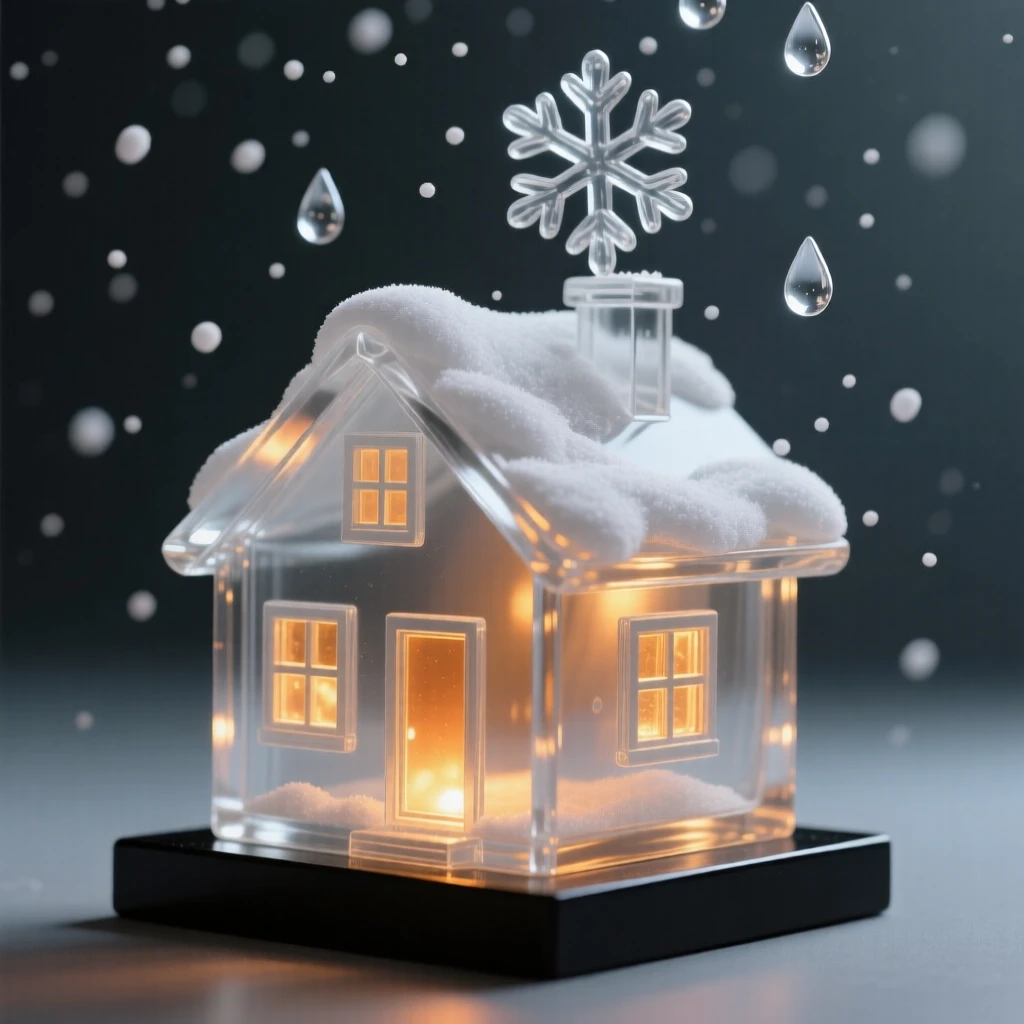 Beneath a sky filled with gently falling snow, a snowy cabin glowing warmly against a dark winter sky