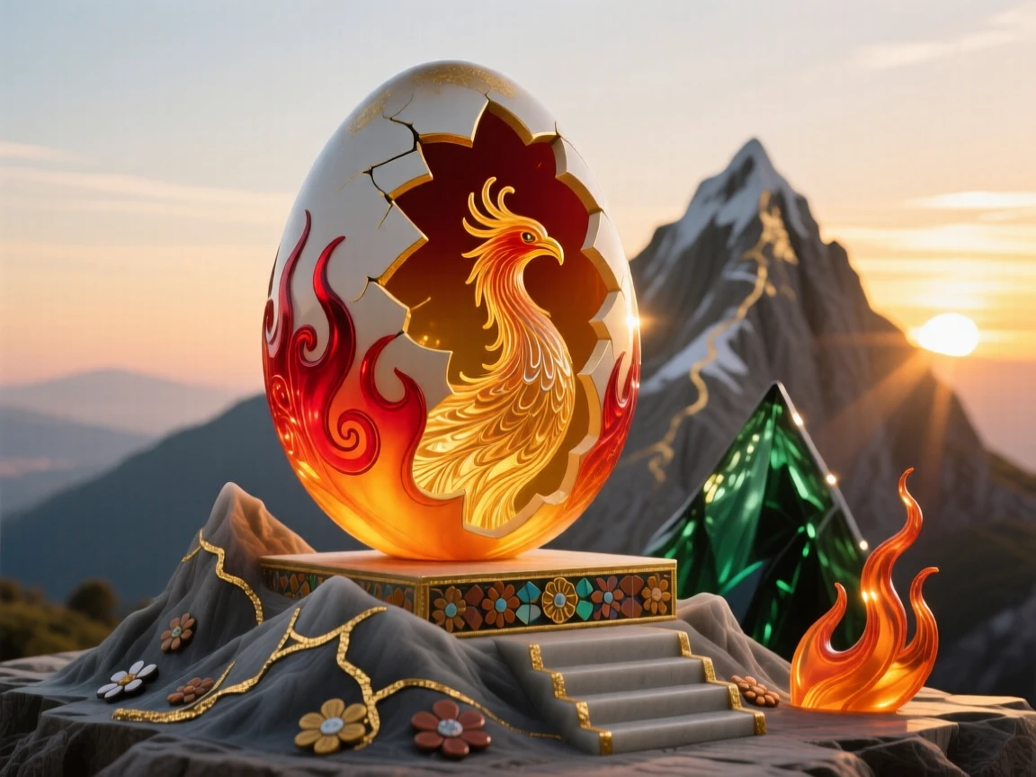 A grand phoenix egg cracking open atop a mountain altar at dawn, transformative and sacred.