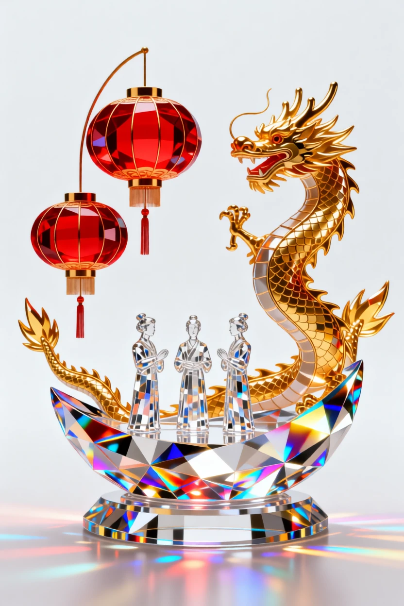 A Lunar New Year celebration with red lanterns and golden dragon decorations.