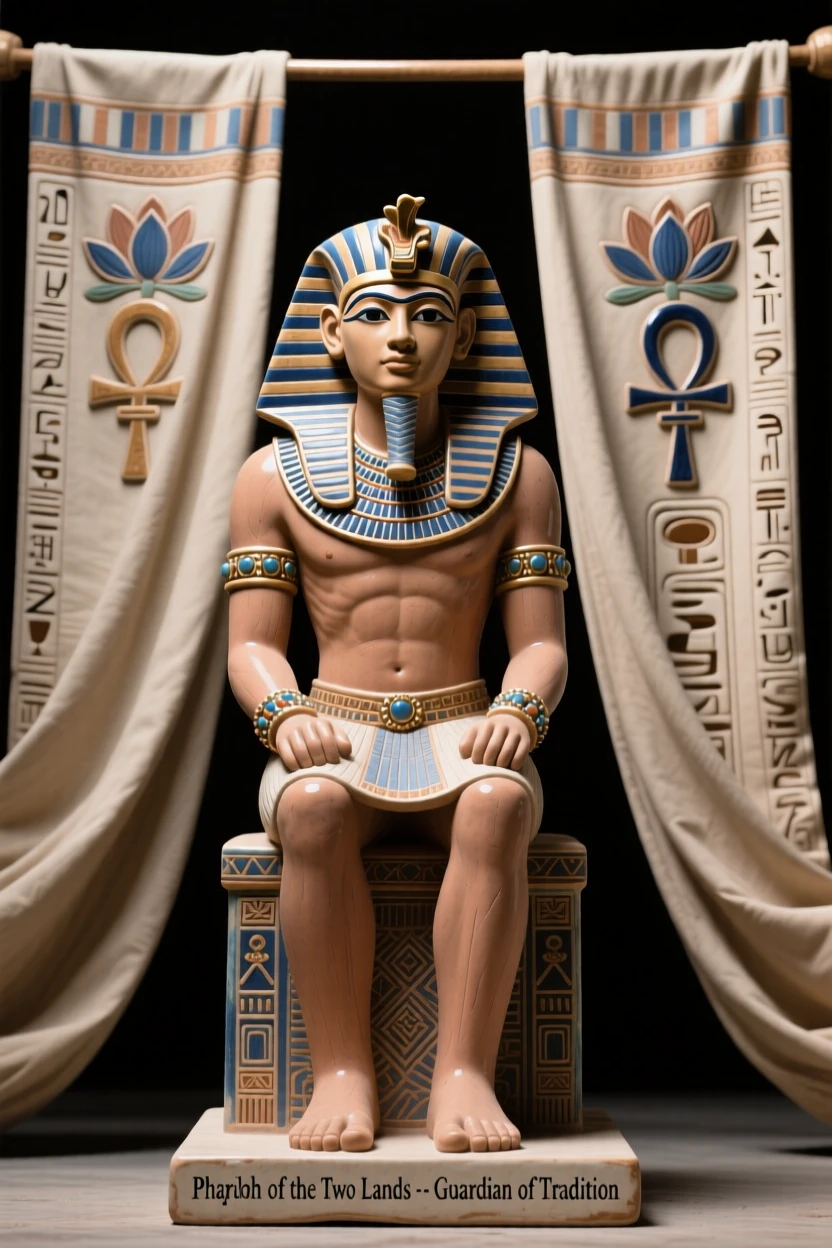 A pharaoh adorned with ceremonial regalia posed regally beneath draping banners, adorned with intricate traditional patterns, evoking reverence for ancient tradition.