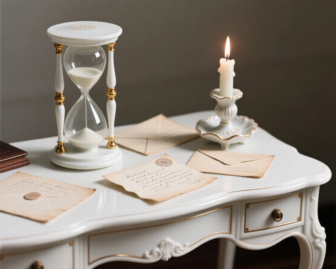 A refined still-life arrangement of an hourglass and old letters on an antique writing desk, a single candle casting gentle shadows.