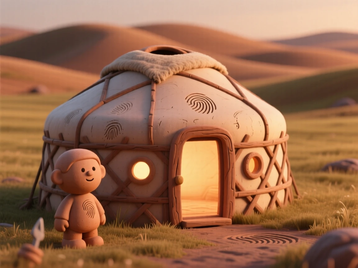 A traditional Mongolian yurt glowing warmly on the open steppe