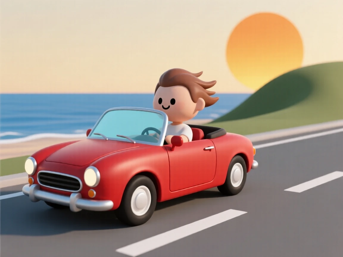 A vintage cherry-red convertible cruises down a coastal highway, wind tousling the driver's hair beneath a golden sunset.