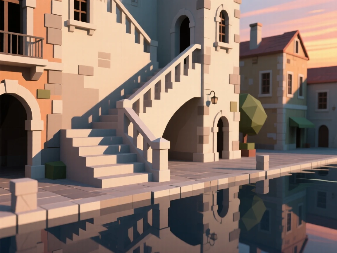 A grand staircase winding through a historic old town, glowing warmly at sunset. soft reflections in water double the architectural detail. It captures a feeling of quiet discovery.