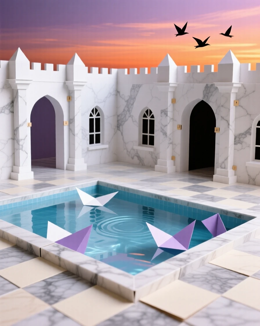 A grand marble palace courtyard set against a vivid sunset sky, with reflections shimmering on a nearby pool, conveying architectural ambition and scale.