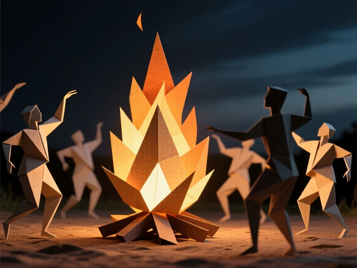 A summer solstice bonfire celebration scene with dancers silhouetted against the flames.