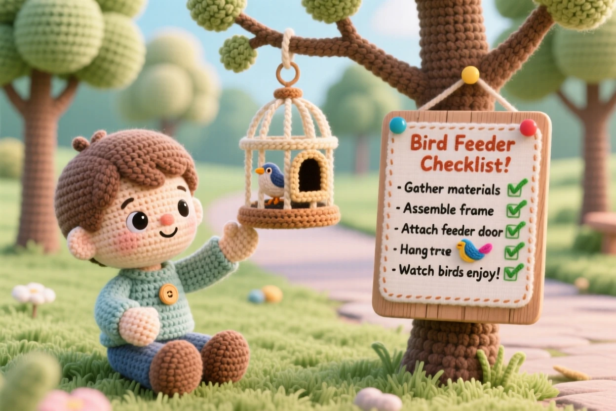 a small boy building a birdcage feeder, with careful, patient hands, is captured hanging it from a low tree branch in a quiet park path lined with trees beside a cheerful checklist pinned to a board, showing the simple happiness of a favorite pastime.