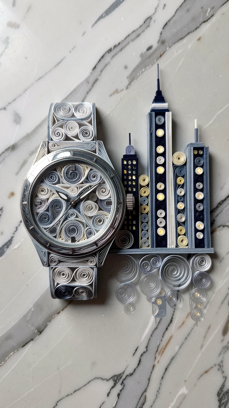 an elegant wristwatch resting on a marble surface, beside a glittering city skyline at night, composed with dramatic, moody lighting, in cool platinum and silver tones.