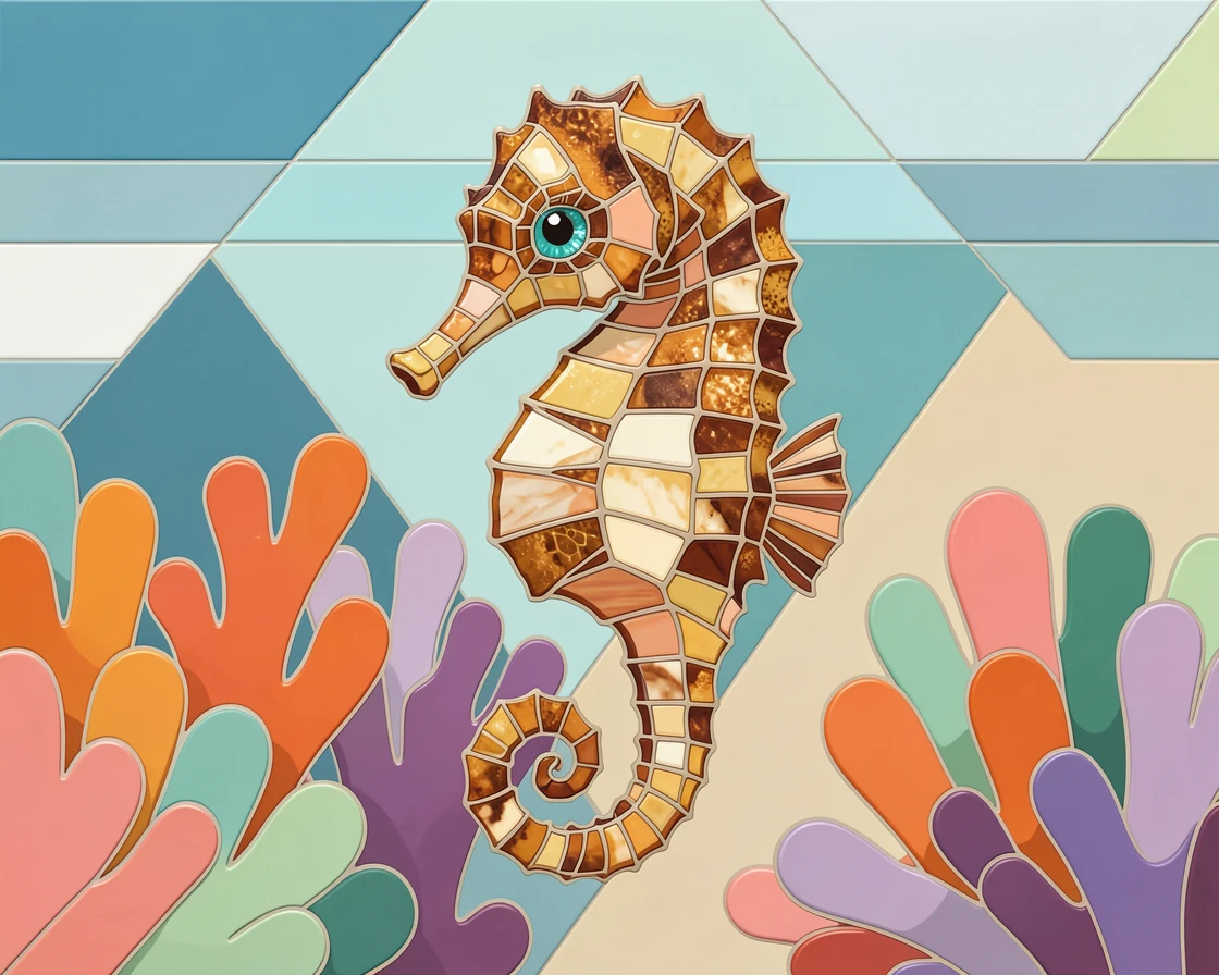 A close-up portrait of a seahorse drifting gently among colorful coral, showing rich fur or feather detail and expressive eyes.