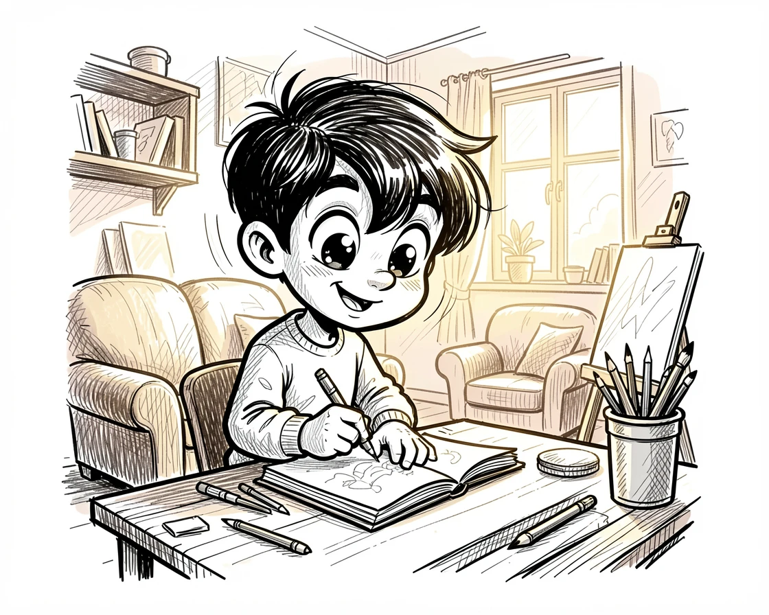 A young artist sketching in a notebook in a cozy sunlit studio.